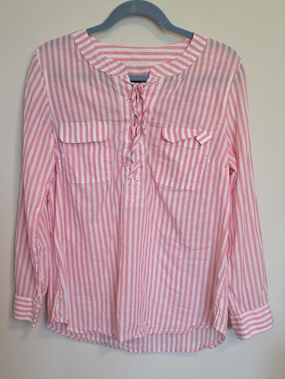 Talbots Pink and White Striped Button-Tie Shirt